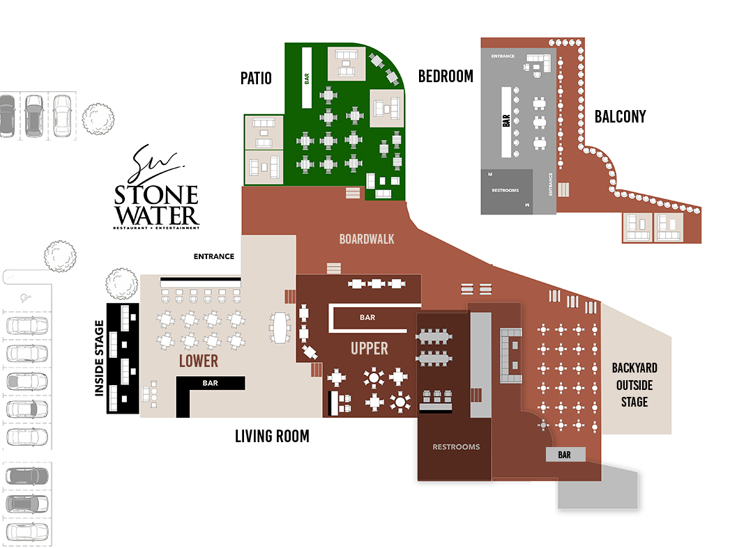 Stone Water Dallas floor plan showing Living Room, Patio, Bedroom, Balcony, and Backyard